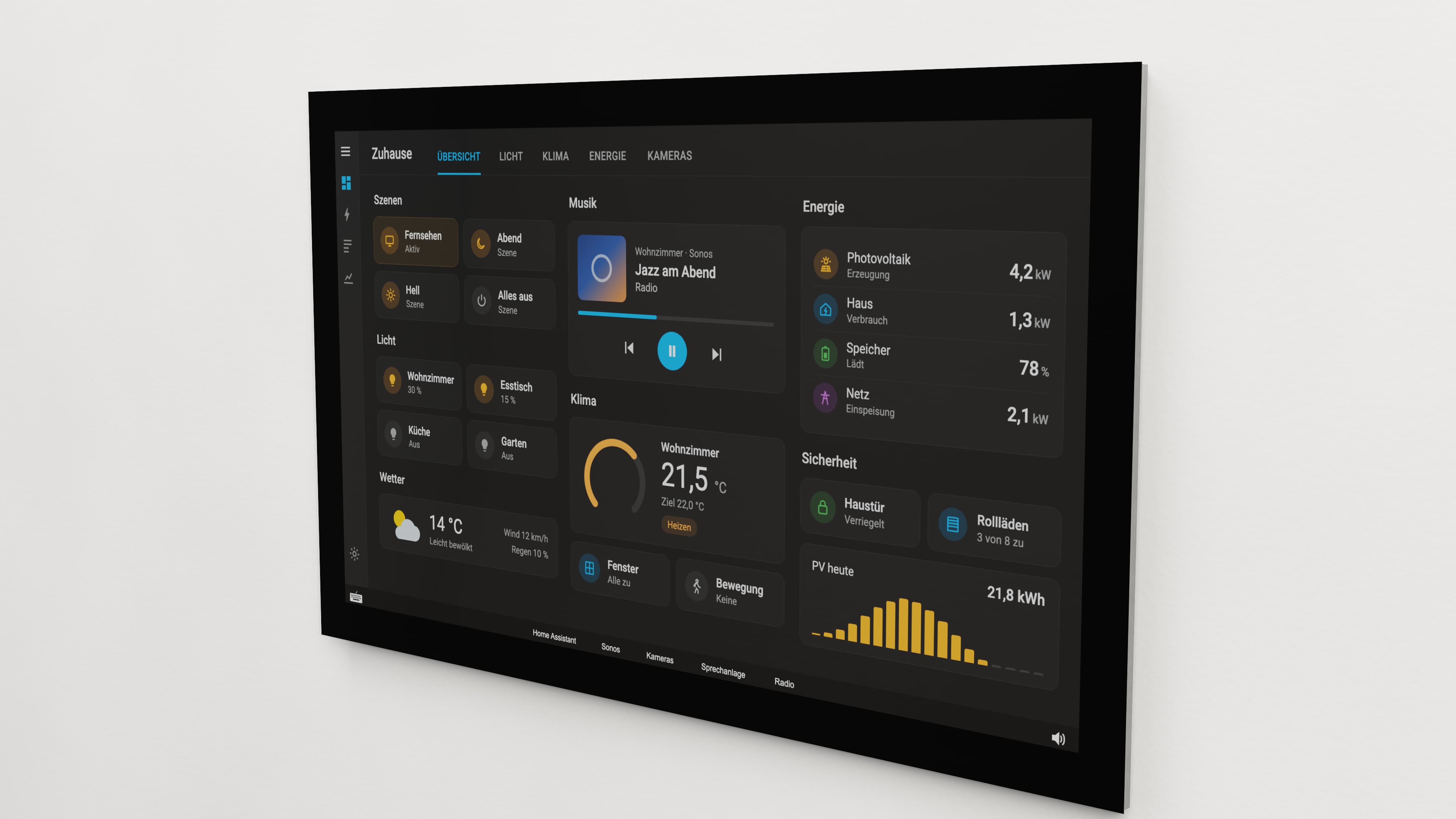 Touchpanel an der Wand zeigt ein Home-Assistant-Dashboard mit Szenen, Licht, Musik, Klima und Energie, unten die HC-Navigation mit Home Assistant, Sonos, Kameras, Sprechanlage und Radio