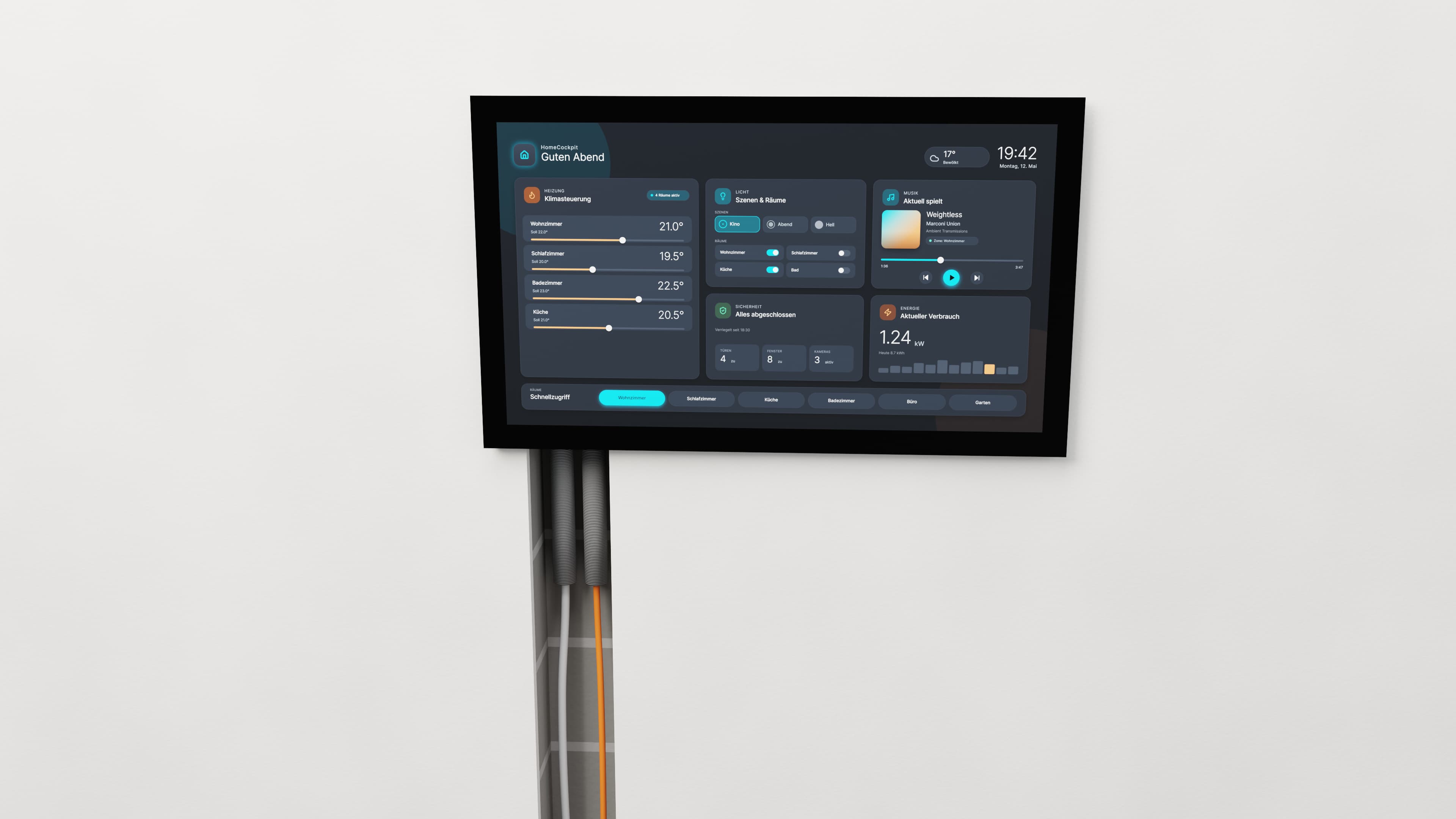 Touchpanel an der Wand, darunter im Schnitt die Leerrohre mit Netzwerkkabel und Stromkabel